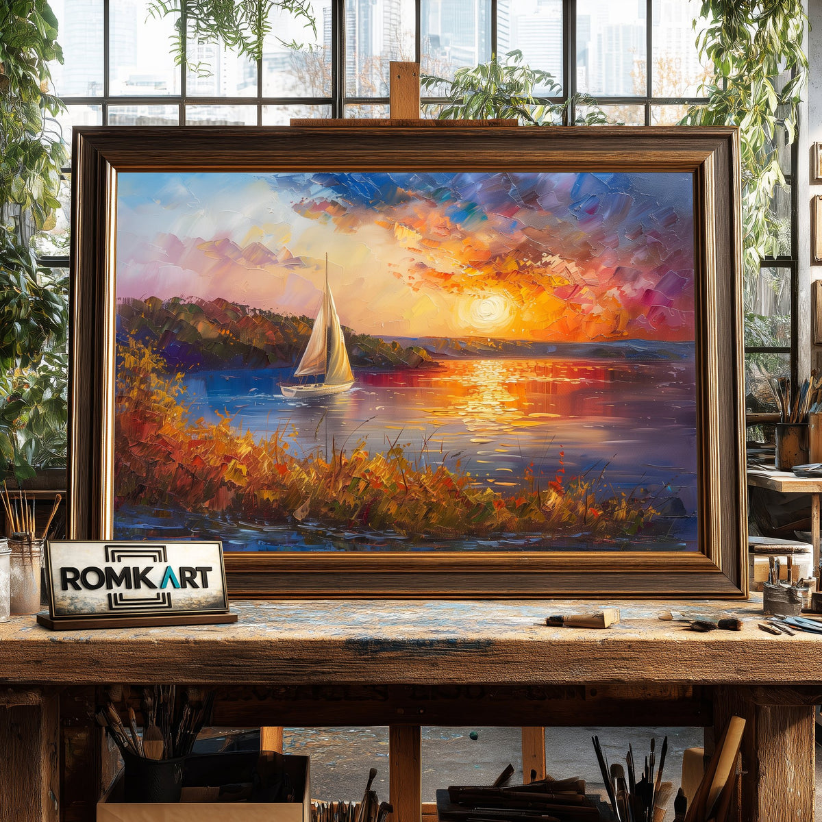 Sailboat on Sunset Lake Maritime Oil Painting - image 2
