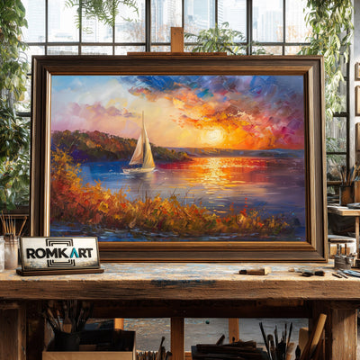 Sailboat on Sunset Lake Maritime Oil Painting - image 2