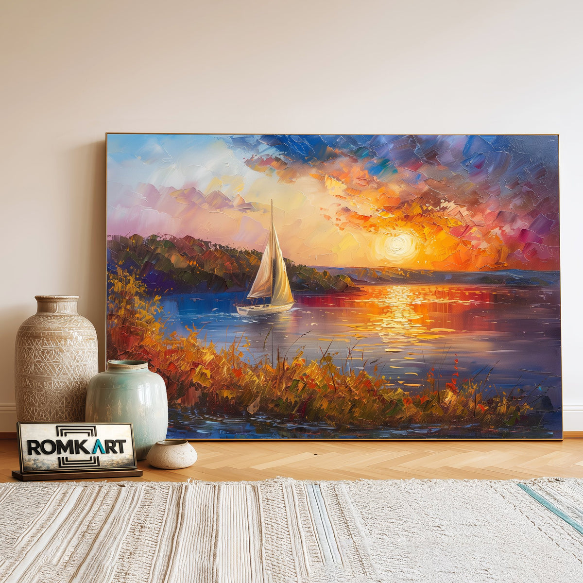 Sailboat on Sunset Lake Maritime Oil Painting - image 3
