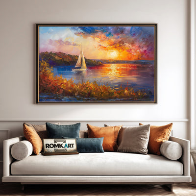 Sailboat on Sunset Lake Maritime Oil Painting - image 4