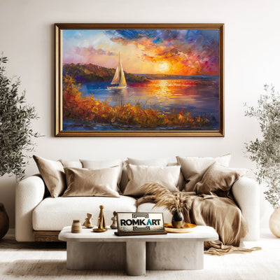 Sailboat on Sunset Lake Maritime Oil Painting - image 5