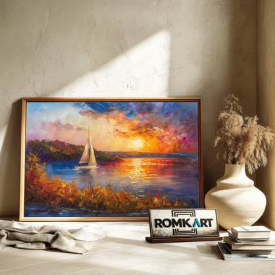 Sailboat on Sunset Lake Maritime Oil Painting - image 6