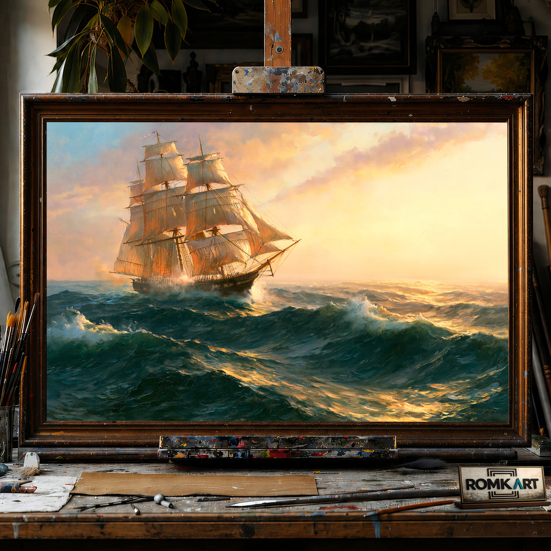 Sailing Ship in Storm Ocean Maritime Oil Painting