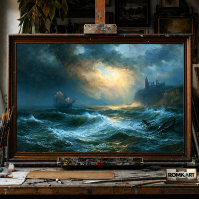 Sailing ship in Stormy Sea - Hand-Painted Oil Painting - View 1