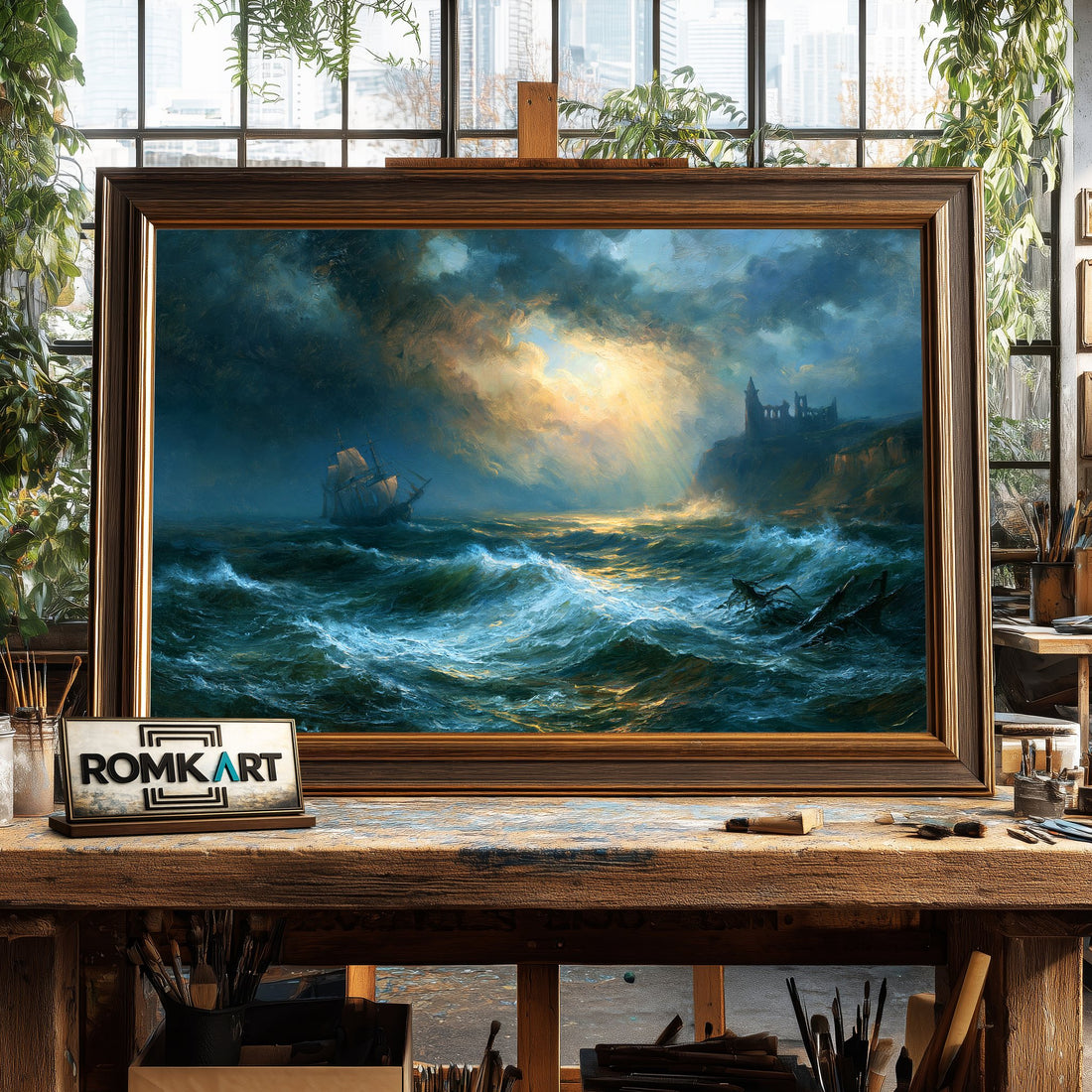 Sailing ship in Stormy Sea - Hand-Painted Oil Painting - View 1