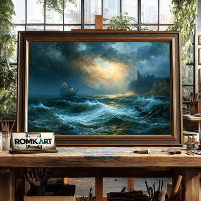 Sailing Ship In Stormy Sea Oil Painting - image 2