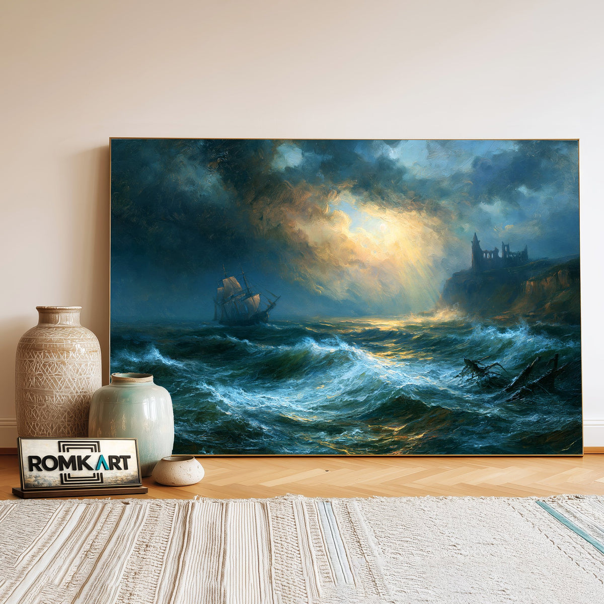 Sailing Ship In Stormy Sea Oil Painting - image 3