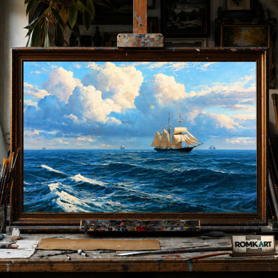 Sailing Ship in Summer Ocean - Hand-Painted Oil Painting - View 1