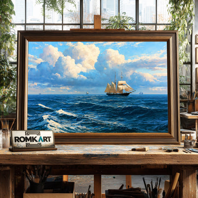 Sailing Ship In Summer Ocean Oil Painting - image 2