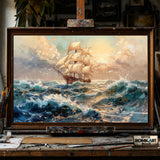 Sailing Ship on Storm Ocean Maritime Oil Painting