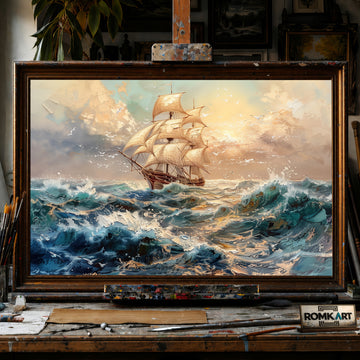 Sailing Ship on Storm Ocean Maritime Oil Painting