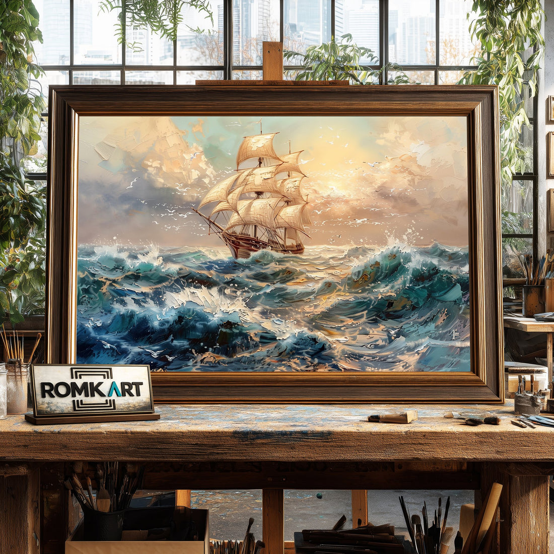 Sailing Ship on Storm Ocean Maritime Oil Painting