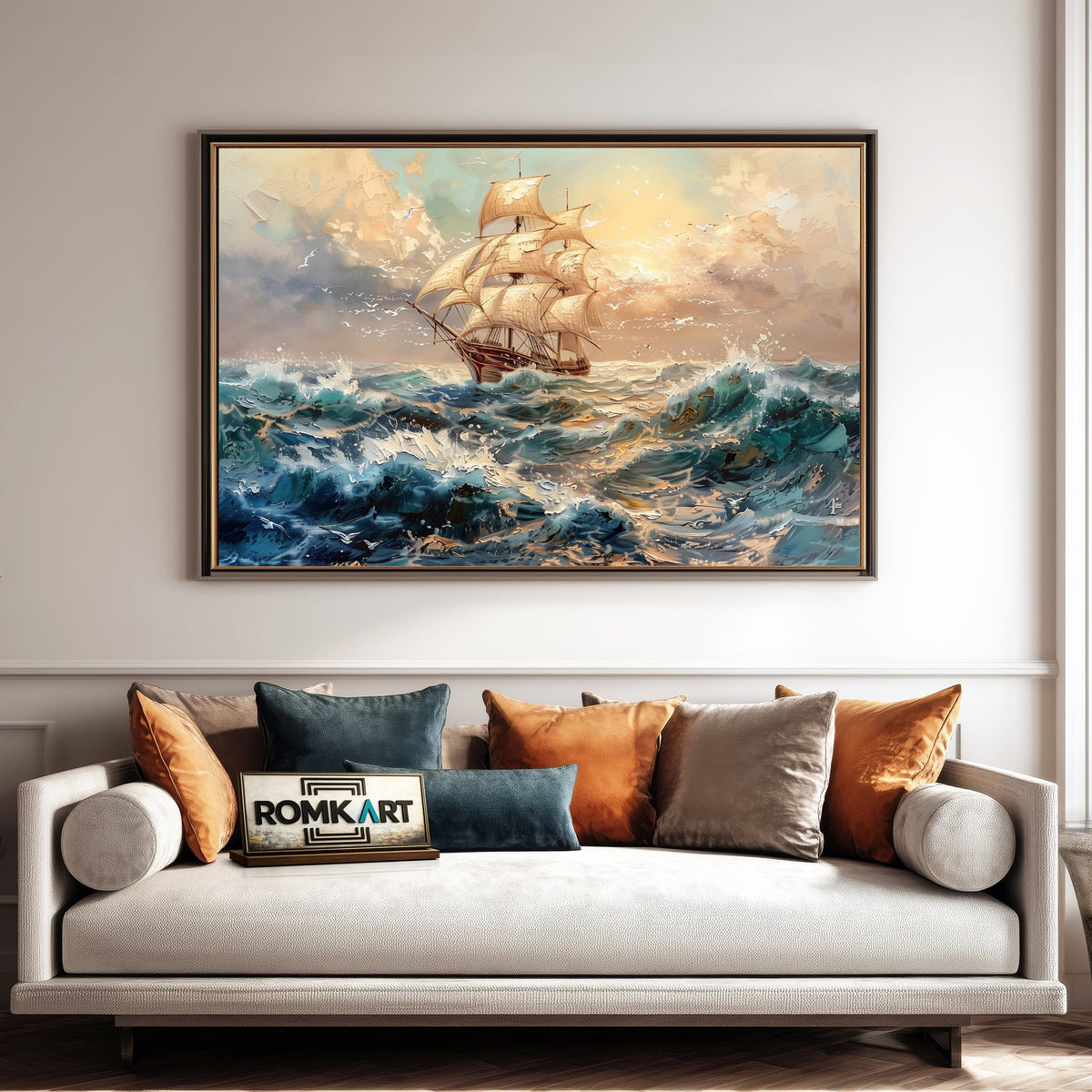 Sailing Ship on Storm Ocean Maritime Oil Painting - image 4