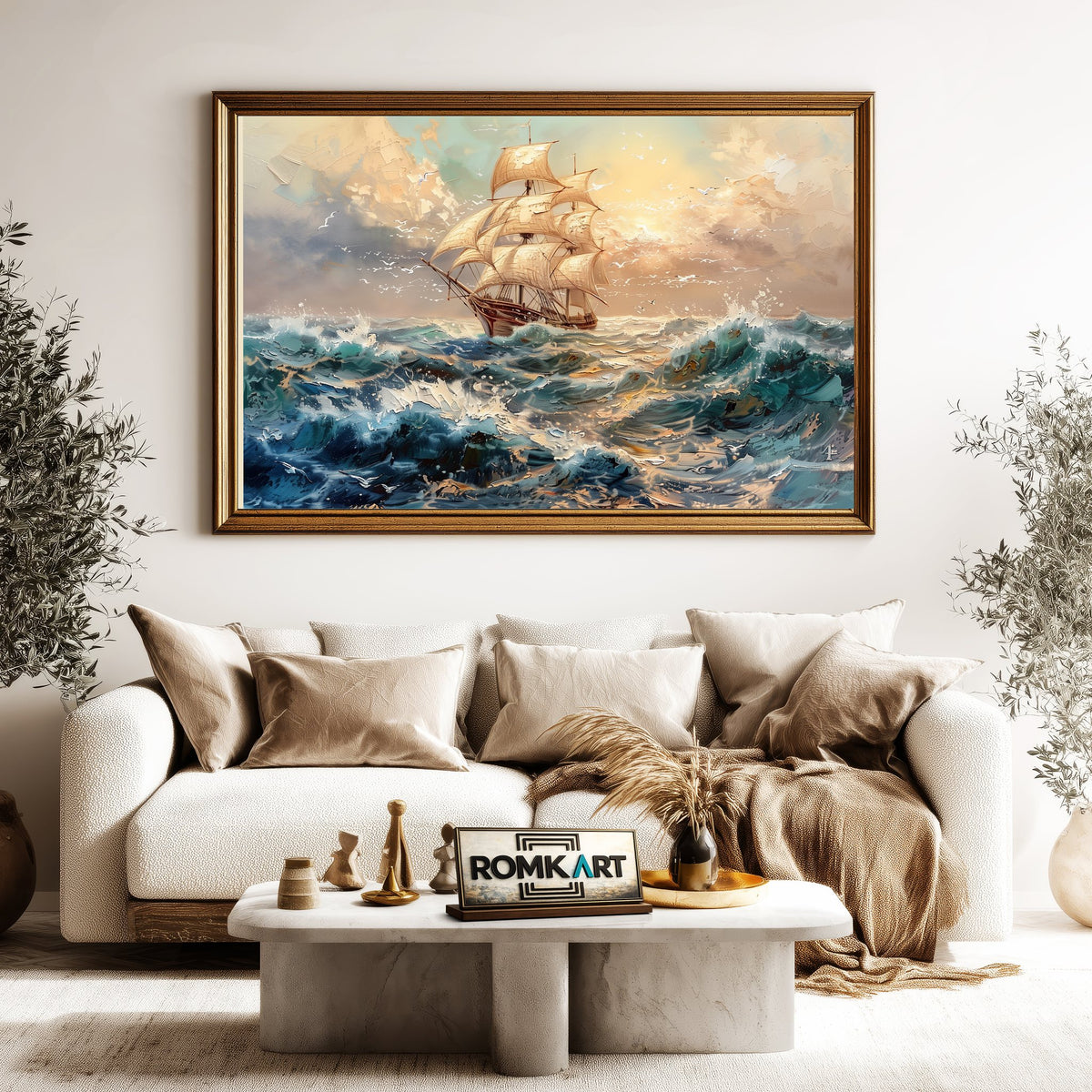 Sailing Ship on Storm Ocean Maritime Oil Painting - image 5
