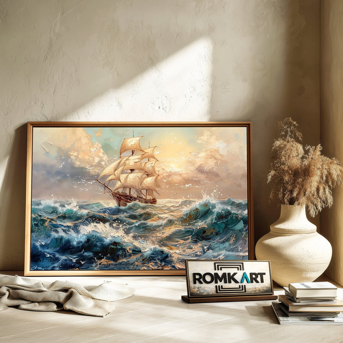 Sailing Ship on Storm Ocean Maritime Oil Painting - image 6