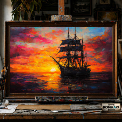 Sailing Ship on Sunset Maritime Oil Painting