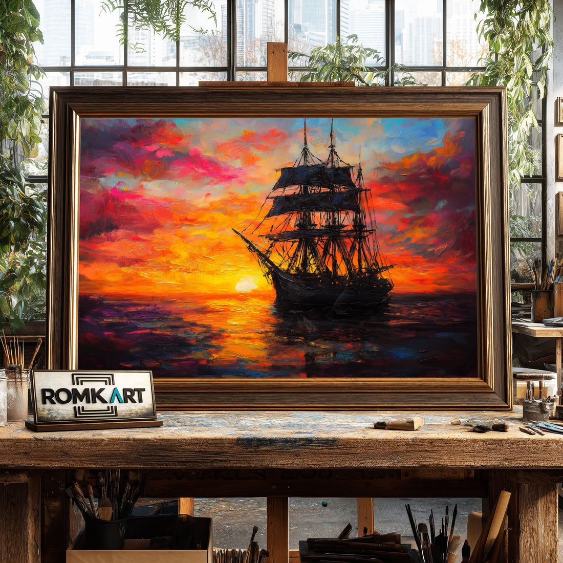 Sailing Ship on Sunset Maritime Oil Painting