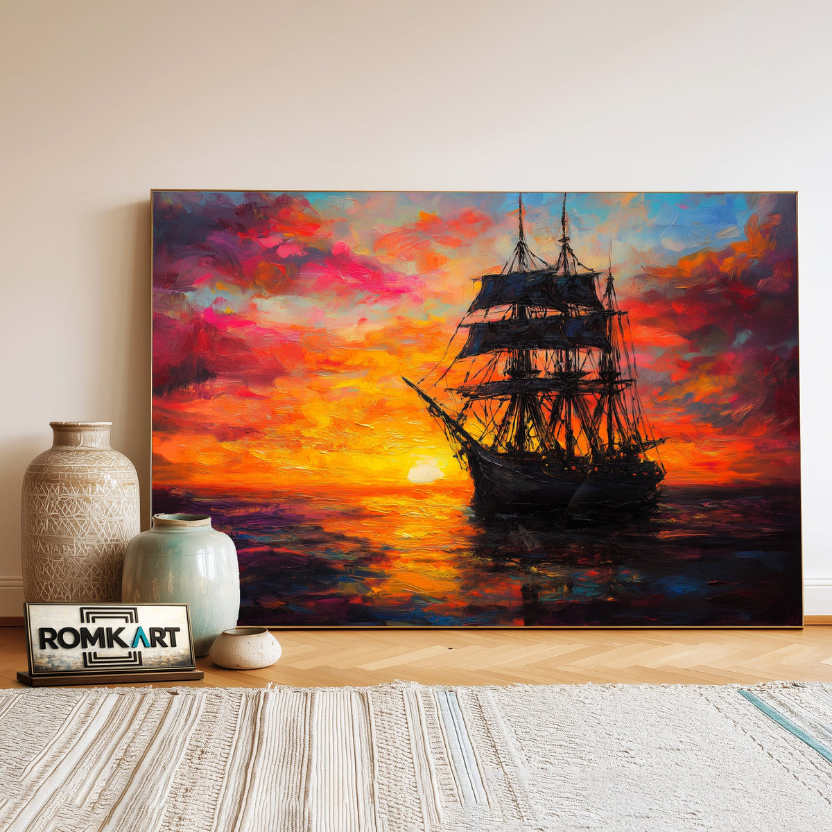 Sailing Ship on Sunset Maritime Oil Painting - image 3