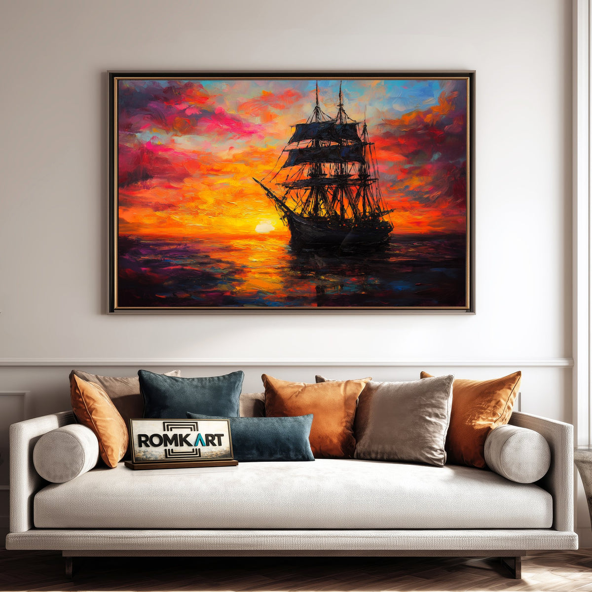 Sailing Ship on Sunset Maritime Oil Painting - image 4