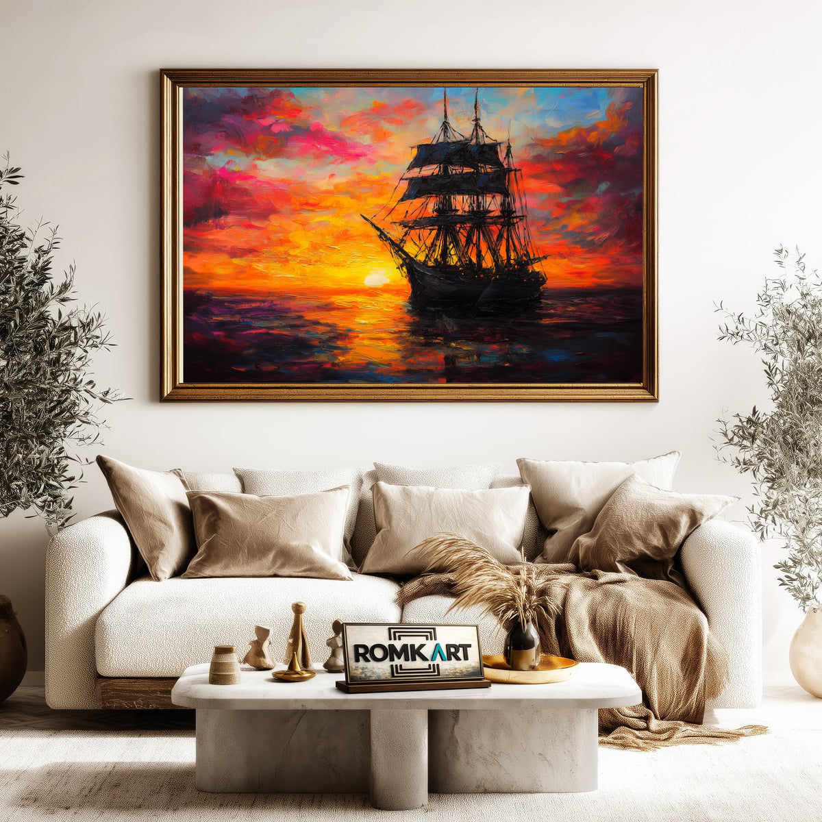 Sailing Ship on Sunset Maritime Oil Painting - image 5