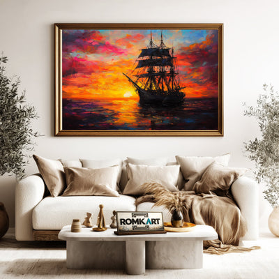 Sailing Ship on Sunset Maritime Oil Painting - image 5