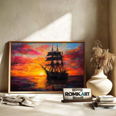 Sailing Ship on Sunset Maritime Oil Painting - image 6