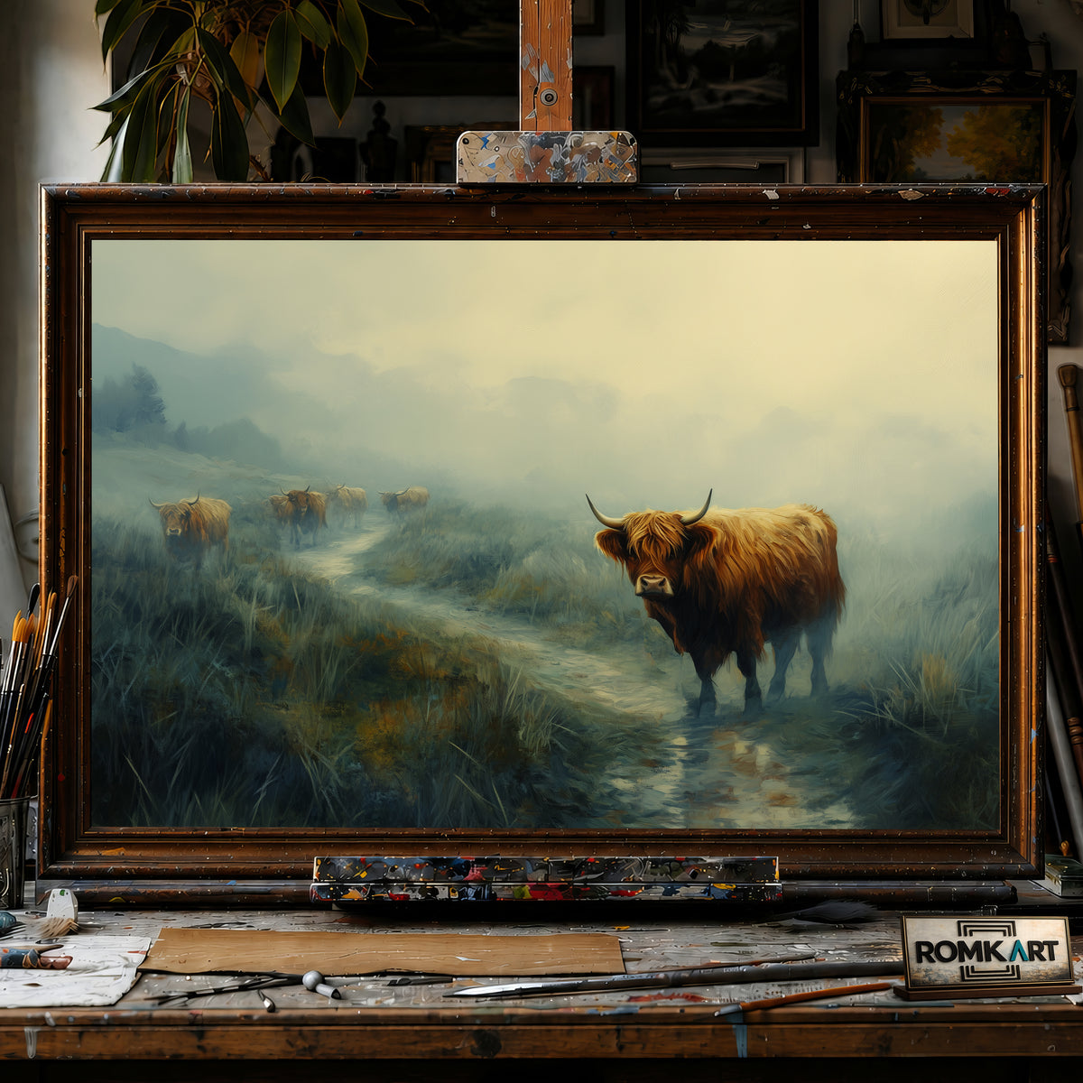 Scottish Highland Cattle in Morrning Misty hand-painted oil painting on canvas