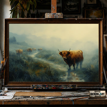 Scottish Highland Cattle in Morrning Misty hand-painted oil painting on canvas