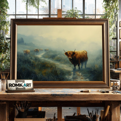 Scottish Highland Cattle in Morrning Misty Farm Animal Oil Painting - image 2