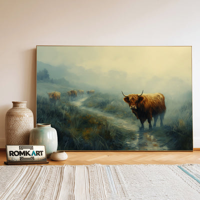Scottish Highland Cattle in Morrning Misty Farm Animal Oil Painting - image 3