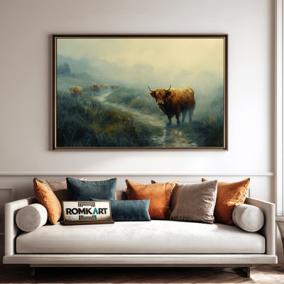 Scottish Highland Cattle in Morrning Misty Farm Animal Oil Painting - image 4