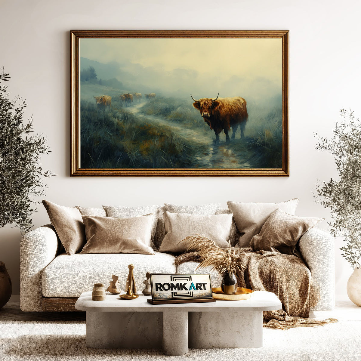 Scottish Highland Cattle in Morrning Misty Farm Animal Oil Painting - image 5