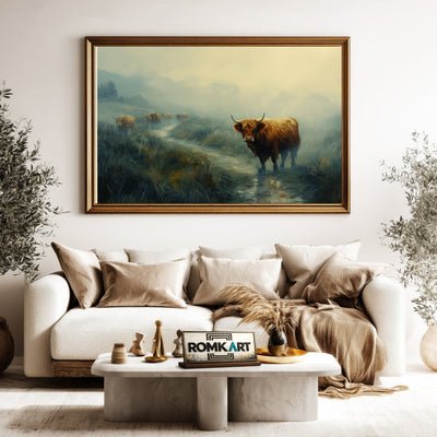Scottish Highland Cattle in Morrning Misty Farm Animal Oil Painting - image 5