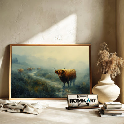 Scottish Highland Cattle in Morrning Misty Farm Animal Oil Painting - image 6