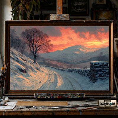 Scottish Highlands Winter Sunset hand-painted oil painting on canvas