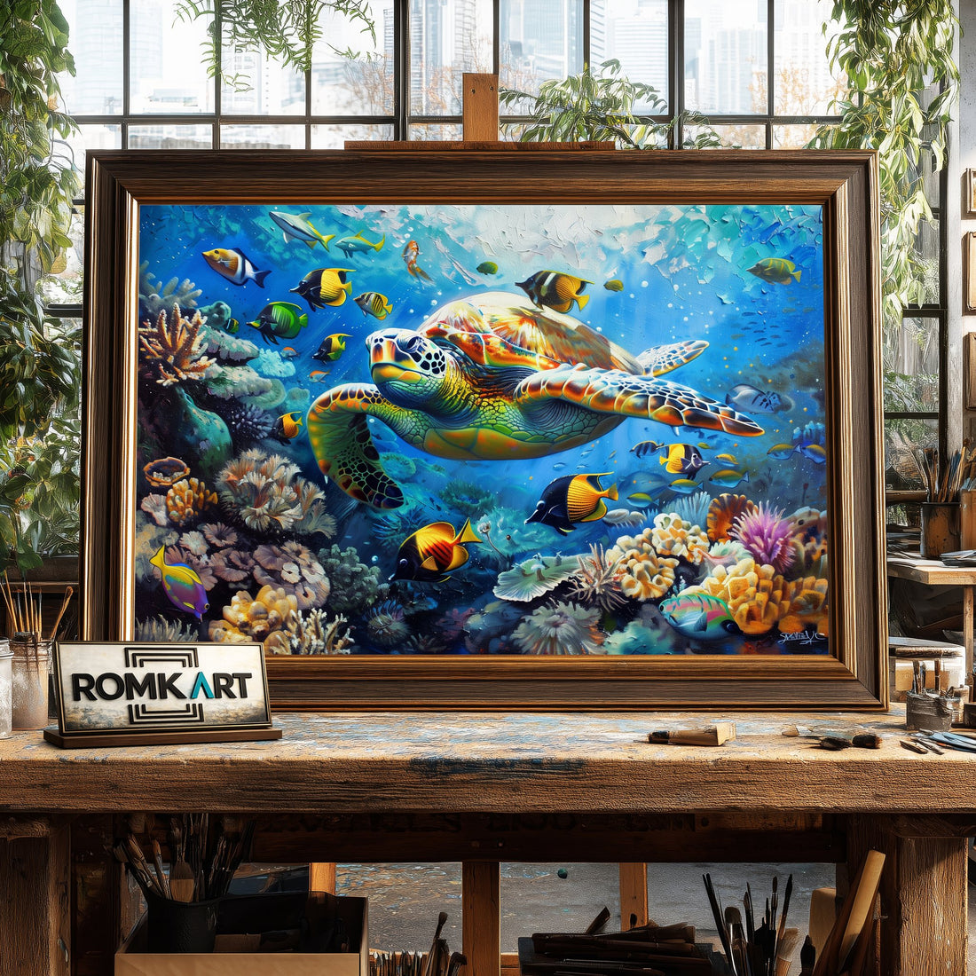 Sea Turtle and Underwater landscape hand-painted oil painting on canvas
