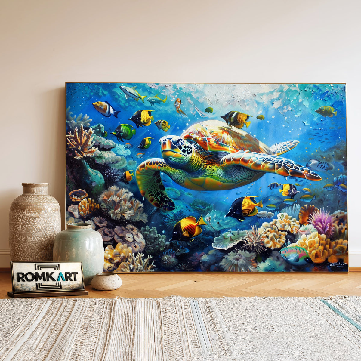 Sea Turtle and Underwater landscape Marine Life Oil Painting - image 3