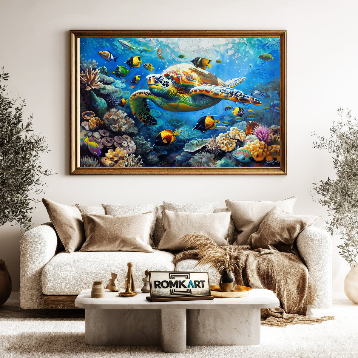 Sea Turtle and Underwater landscape Marine Life Oil Painting - image 5
