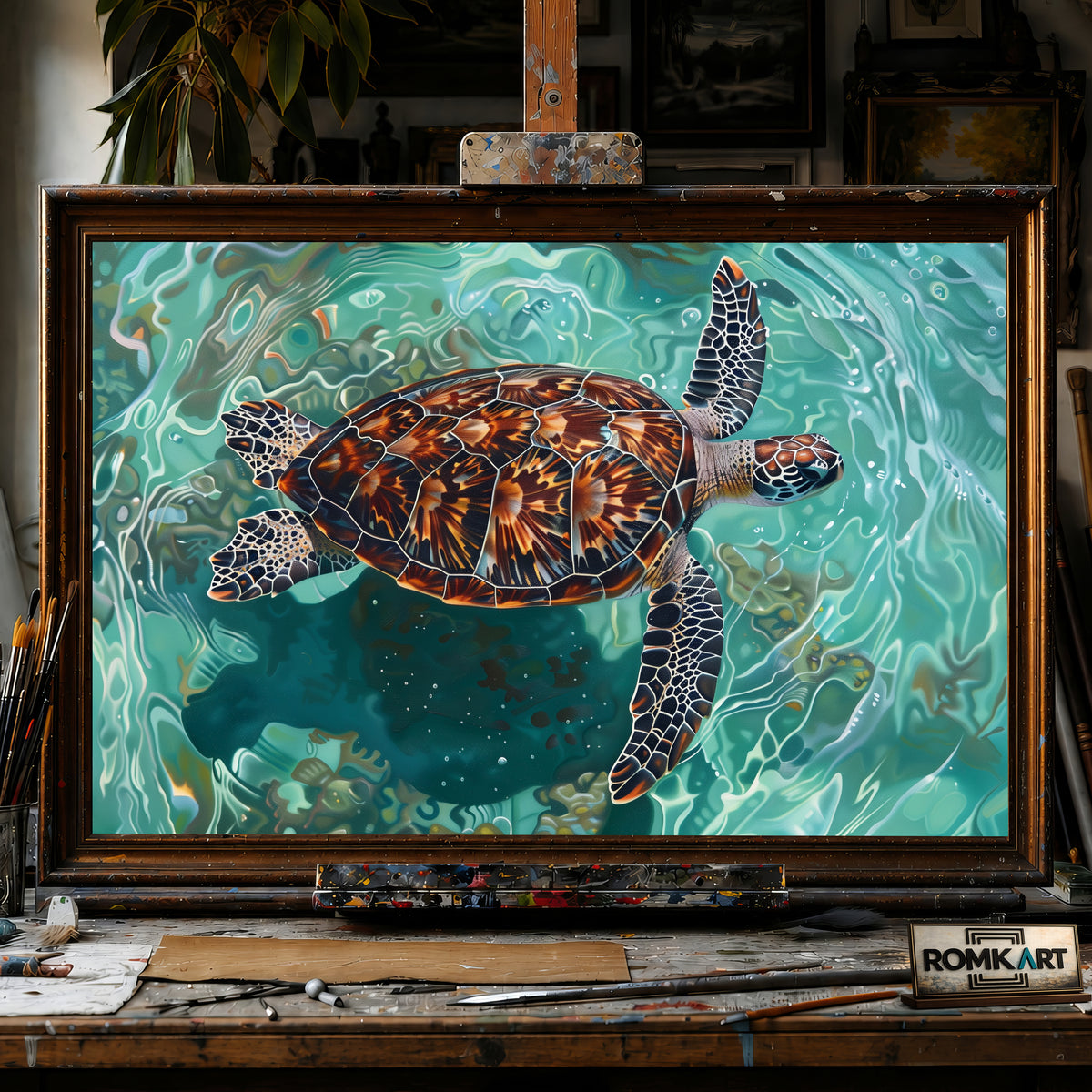 Sea Turtle Under Water hand-painted oil painting on canvas