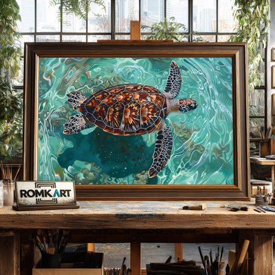 Sea Turtle Under Water Marine Life Oil Painting - image 2