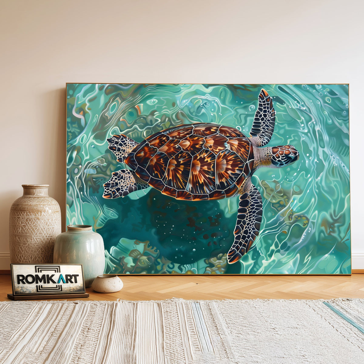 Sea Turtle Under Water Marine Life Oil Painting - image 3