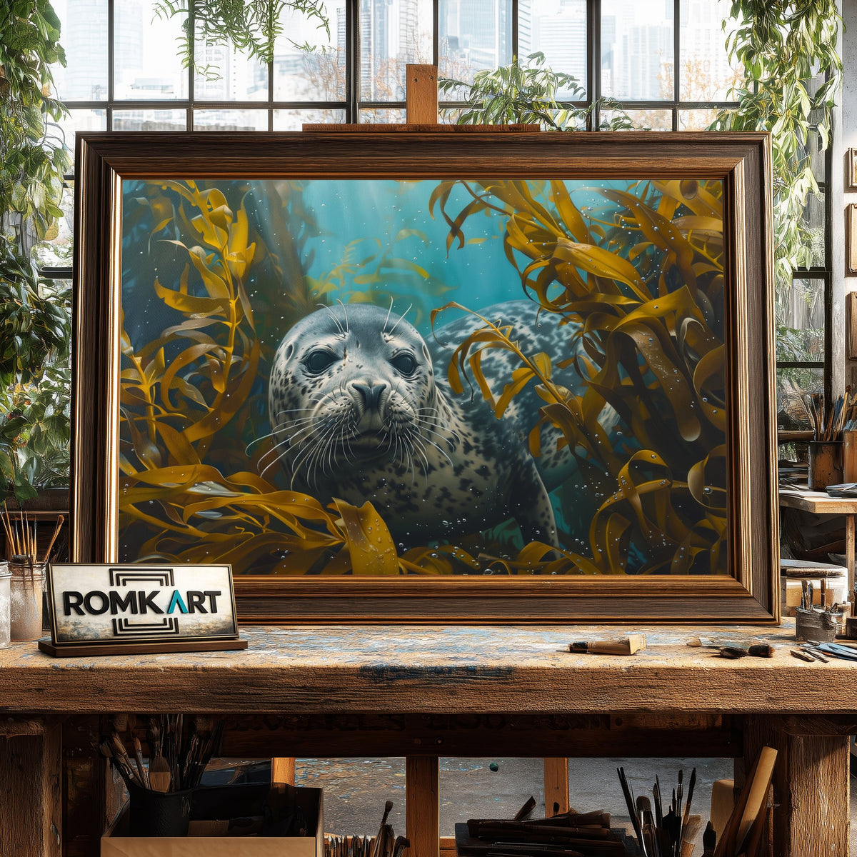 Seal Underwater Kelp Forest Marine Life Oil Painting - image 2