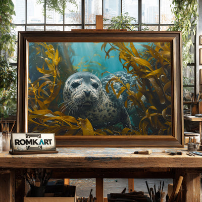 Seal Underwater Kelp Forest Marine Life Oil Painting - image 2