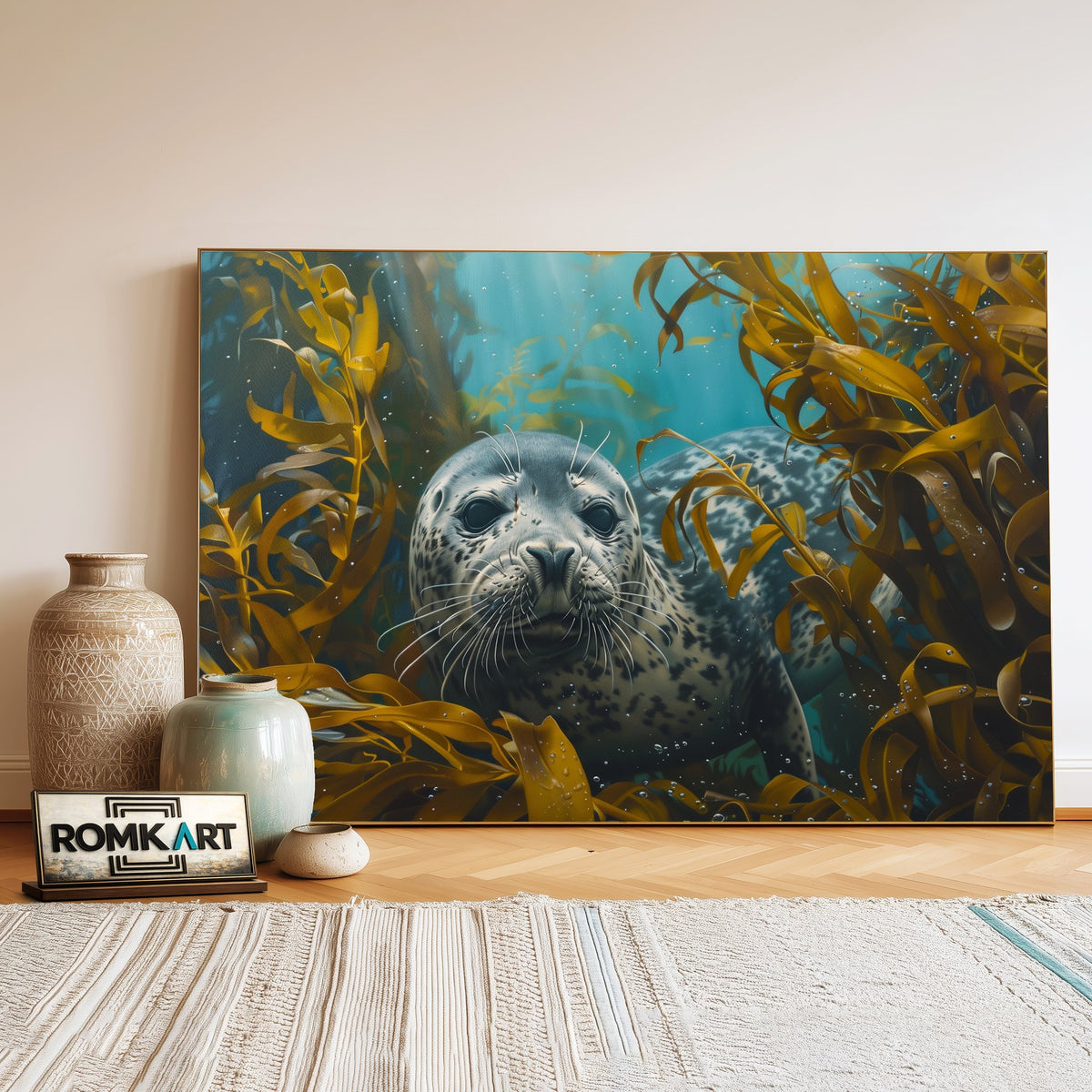 Seal Underwater Kelp Forest Marine Life Oil Painting - image 3