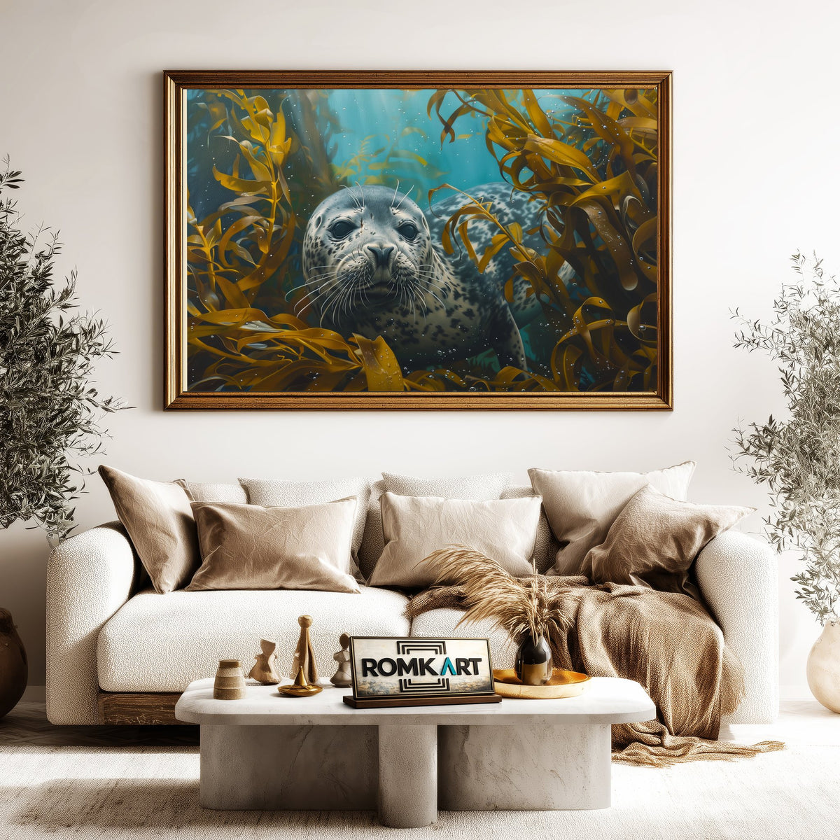 Seal Underwater Kelp Forest Marine Life Oil Painting - image 5