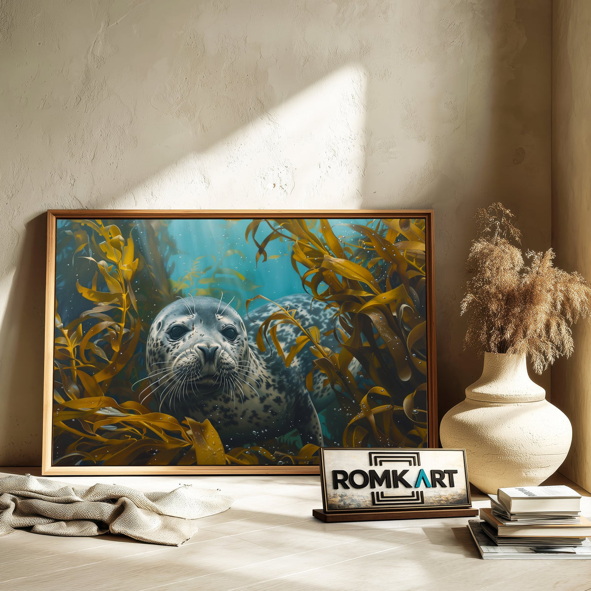 Seal Underwater Kelp Forest Marine Life Oil Painting - image 6
