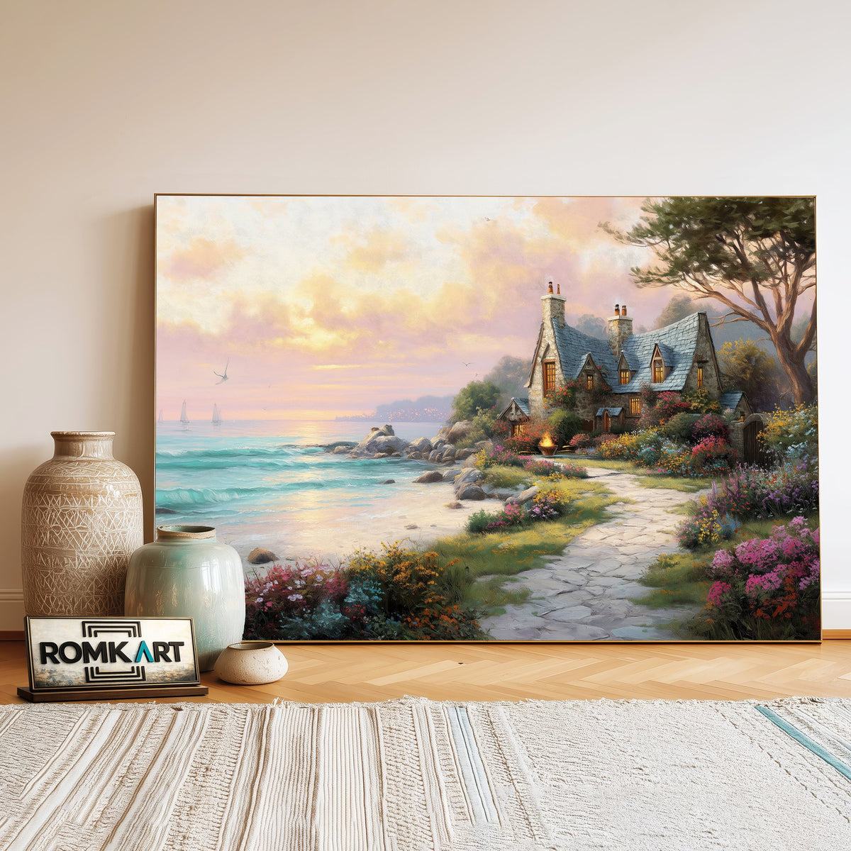 Seaside Villas Seascape Oil Painting - image 3