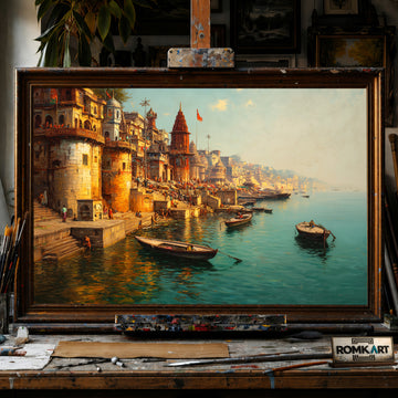 Serene Banaras Ghats hand-painted oil painting on canvas