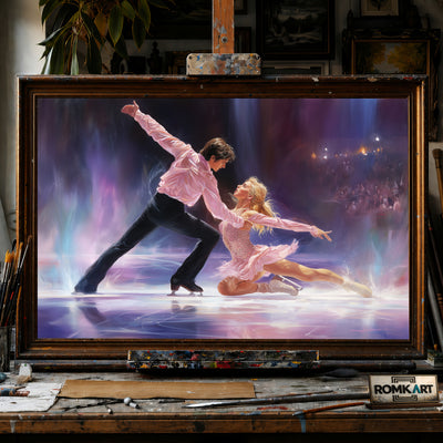 Skaters Spin on Ice Rink Sports Oil Painting