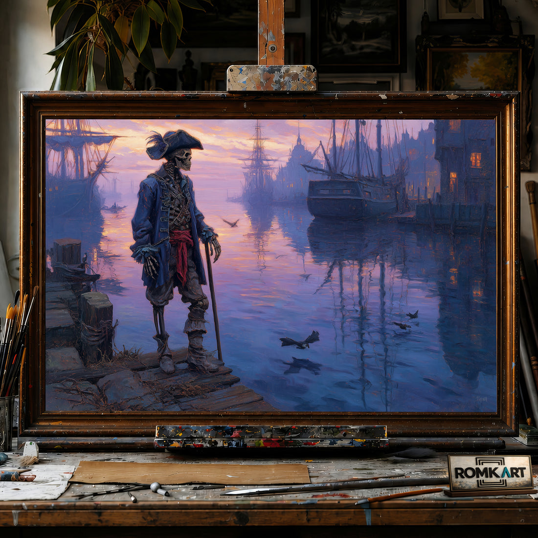 Skeleton Pirate Captain on Haunted Harbor hand-painted oil painting on canvas